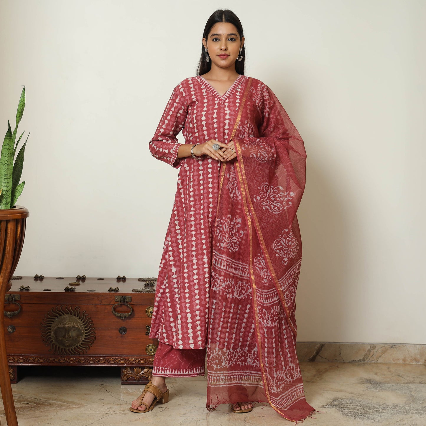 Pink - Bagru Block Printed Cotton Kurta with Palazzo & Kota Doria Dupatta Set 02