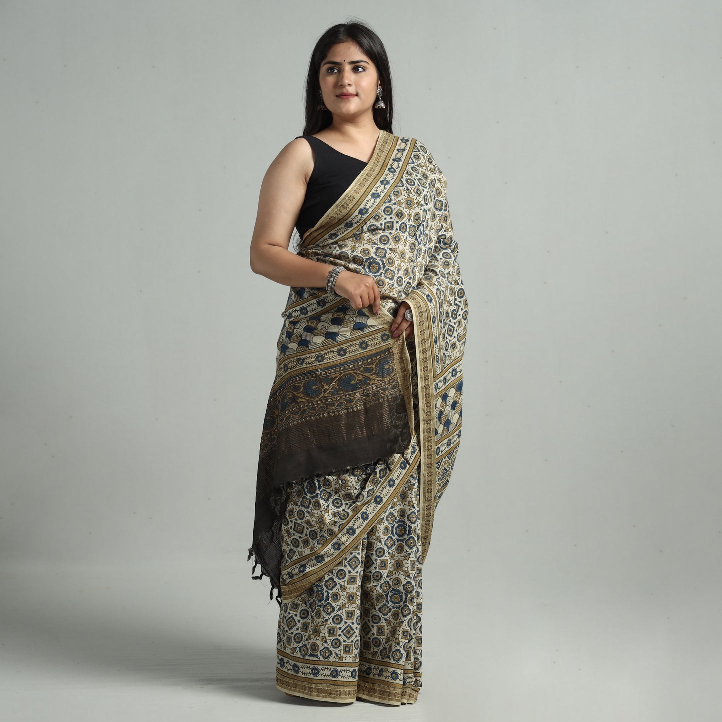 Beige - Ajrakh Block Printed Handloom Mul Cotton Natural Dyed Saree with Blouse Piece 01