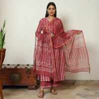 Pink - Bagru Block Printed Cotton Kurta with Palazzo & Kota Doria Dupatta Set 02