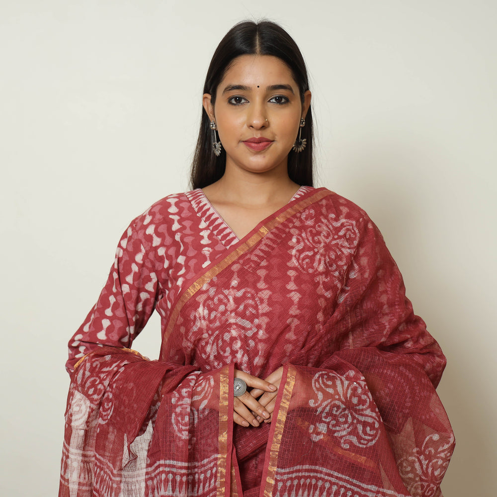 Pink - Bagru Block Printed Cotton Kurta with Palazzo & Kota Doria Dupatta Set 02