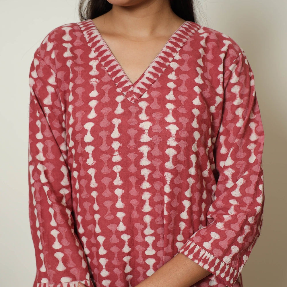 Pink - Bagru Block Printed Cotton Kurta with Palazzo & Kota Doria Dupatta Set 02