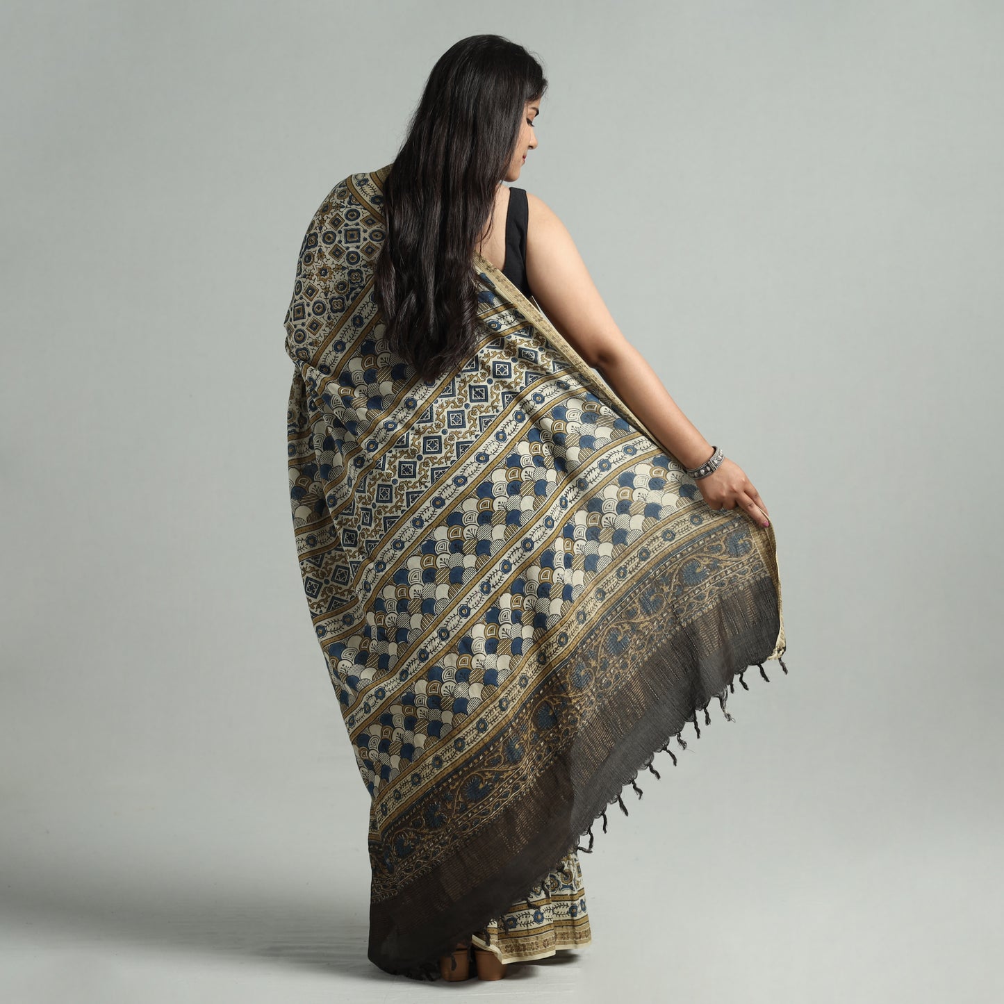 Beige - Ajrakh Block Printed Handloom Mul Cotton Natural Dyed Saree with Blouse Piece 01