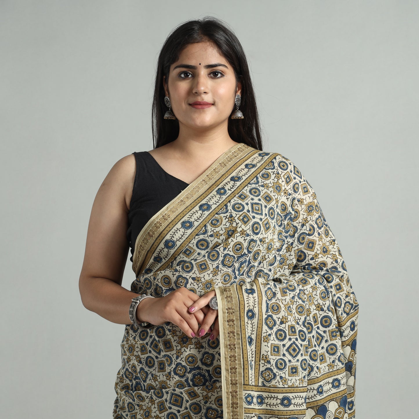 Beige - Ajrakh Block Printed Handloom Mul Cotton Natural Dyed Saree with Blouse Piece 01