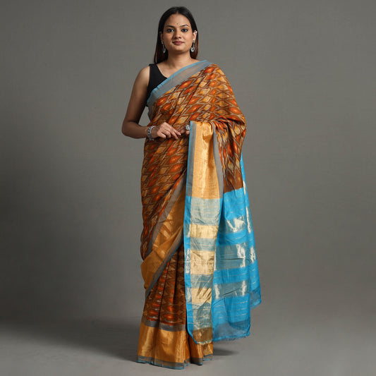 Brown - Pochampally Double Ikat Weave Handloom Mercerised Cotton Saree with Zari Border