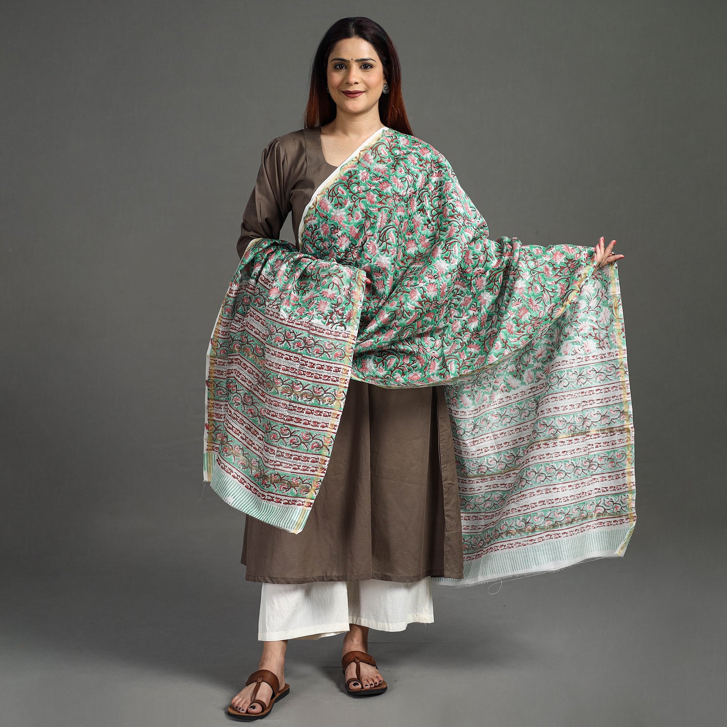 Green - Sanganeri Block Printed Handloom Chanderi Silk Zari Border Dupatta 01