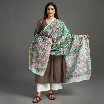 Green - Sanganeri Block Printed Handloom Chanderi Silk Zari Border Dupatta 01