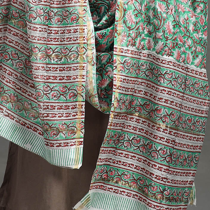 Green - Sanganeri Block Printed Handloom Chanderi Silk Zari Border Dupatta 01