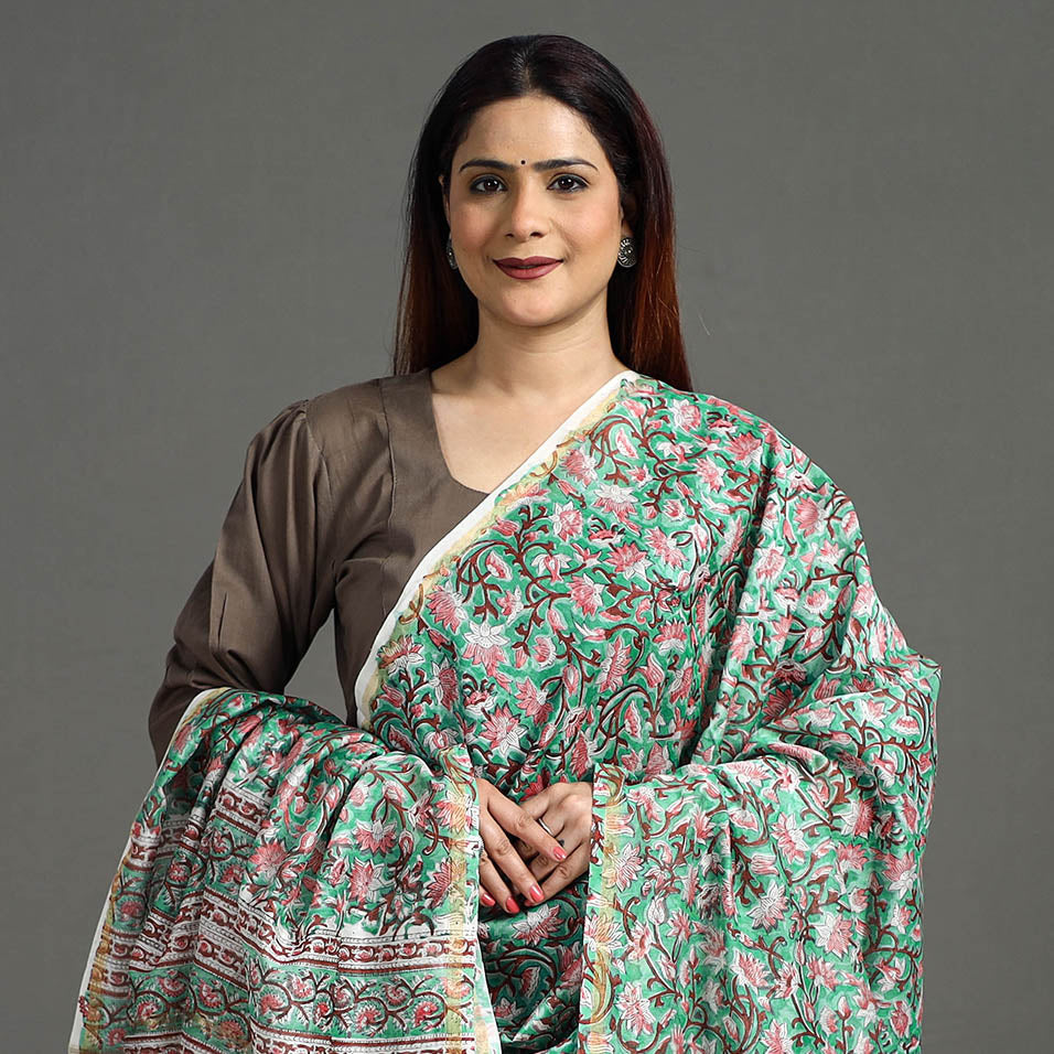 Green - Sanganeri Block Printed Handloom Chanderi Silk Zari Border Dupatta 01