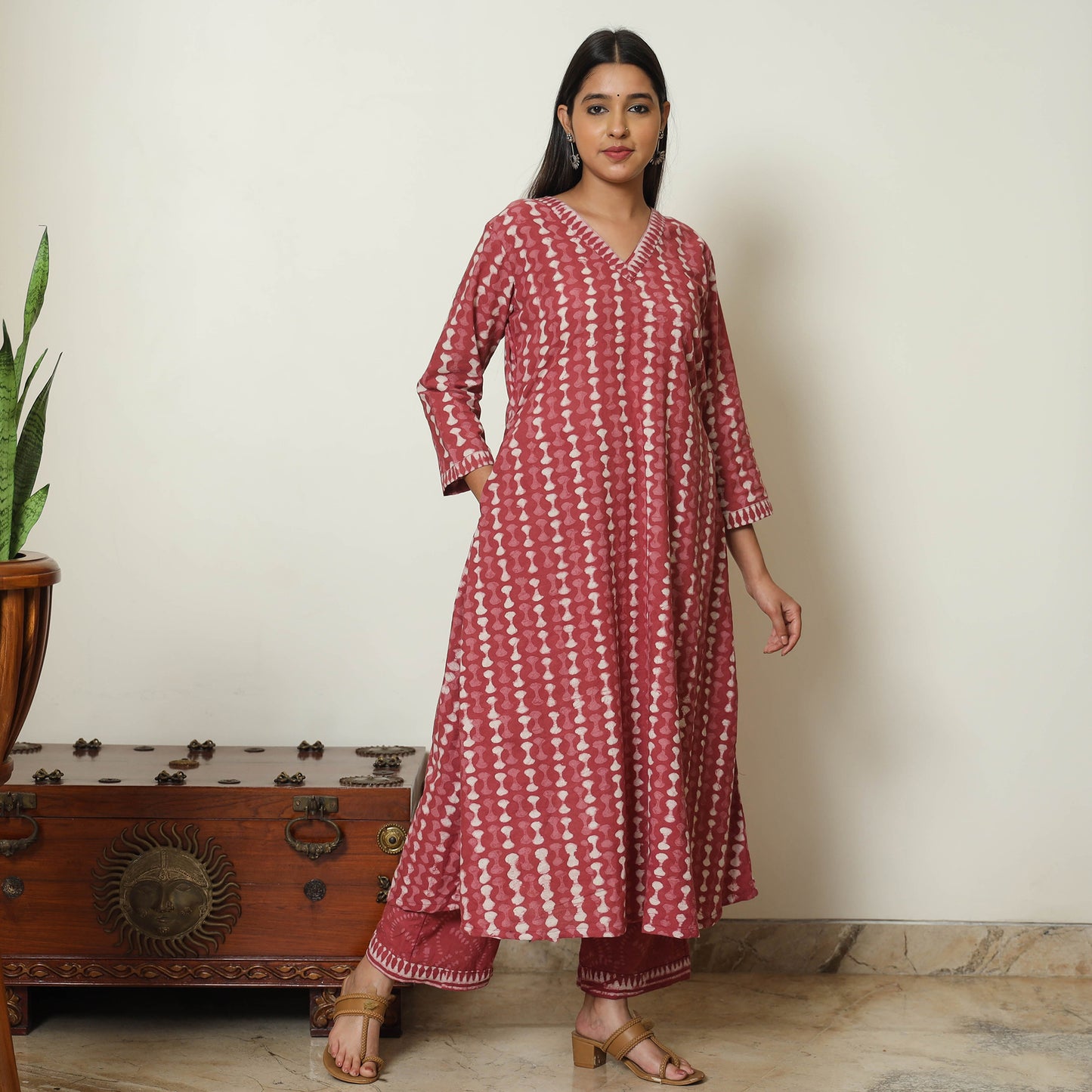 Pink - Bagru Block Printed Cotton Kurta with Palazzo & Kota Doria Dupatta Set 02