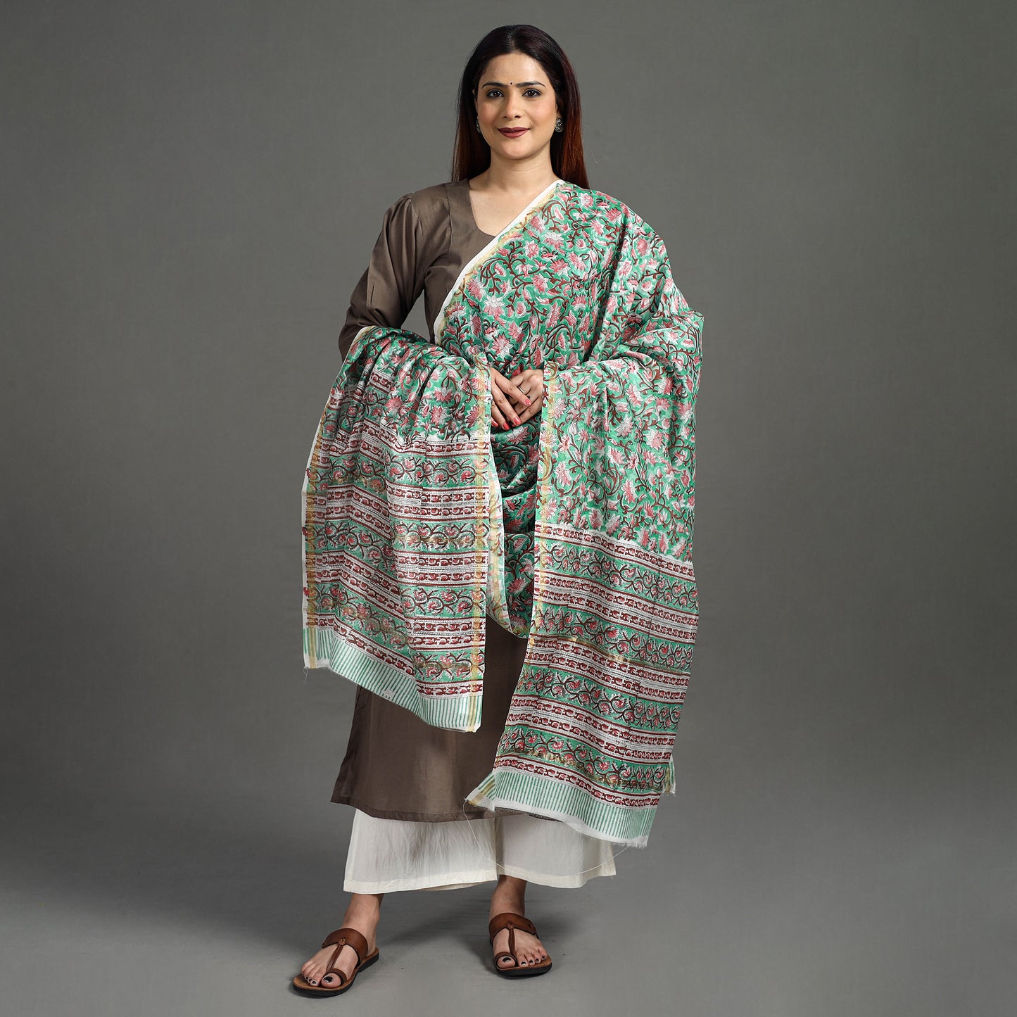 Green - Sanganeri Block Printed Handloom Chanderi Silk Zari Border Dupatta 01