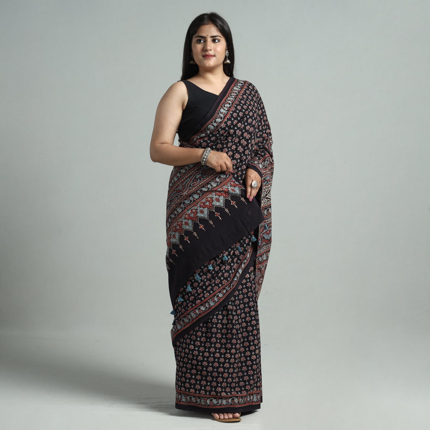 Black - Ajrakh Block Printed Mul Cotton Natural Dyed Saree with Blouse Piece 02