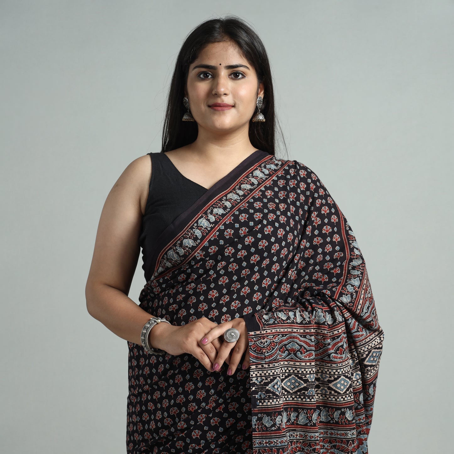 Black - Ajrakh Block Printed Mul Cotton Natural Dyed Saree with Blouse Piece 02