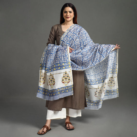 Blue - Sanganeri Block Printed Handloom Chanderi Silk Zari Border Dupatta 05