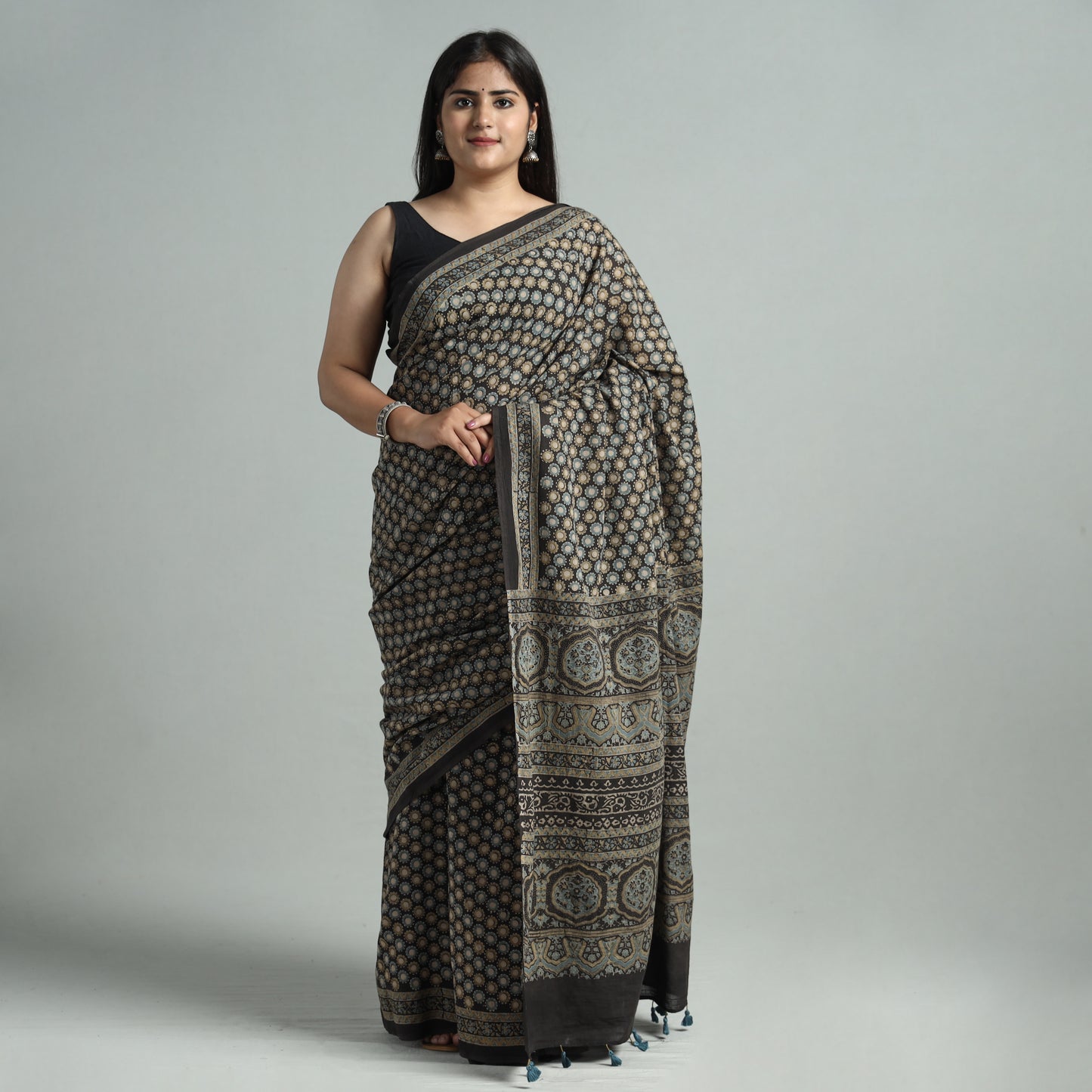 Brown - Ajrakh Block Printed Mul Cotton Natural Dyed Saree with Blouse Piece 03