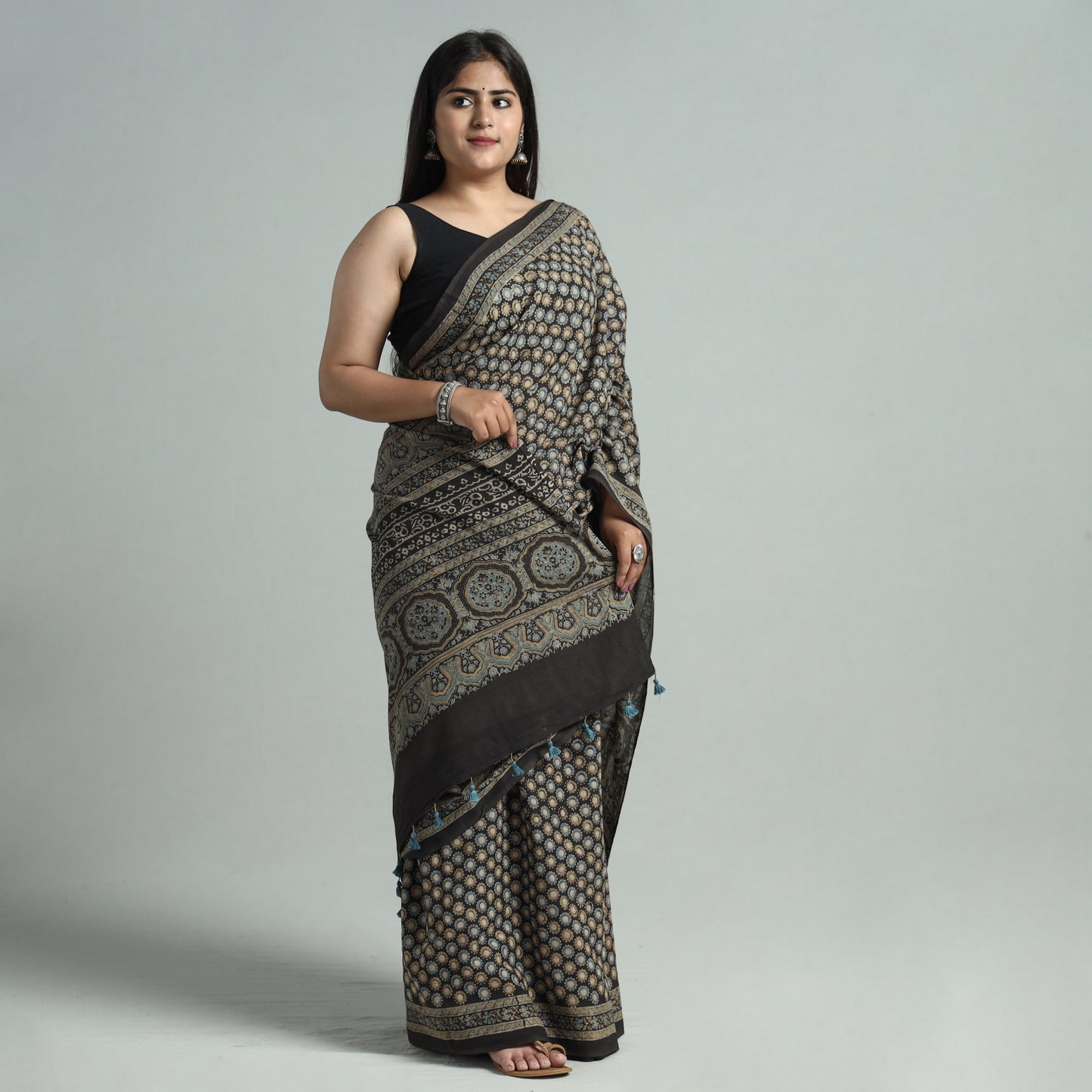 Brown - Ajrakh Block Printed Mul Cotton Natural Dyed Saree with Blouse Piece 03