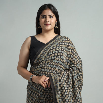 Brown - Ajrakh Block Printed Mul Cotton Natural Dyed Saree with Blouse Piece 03