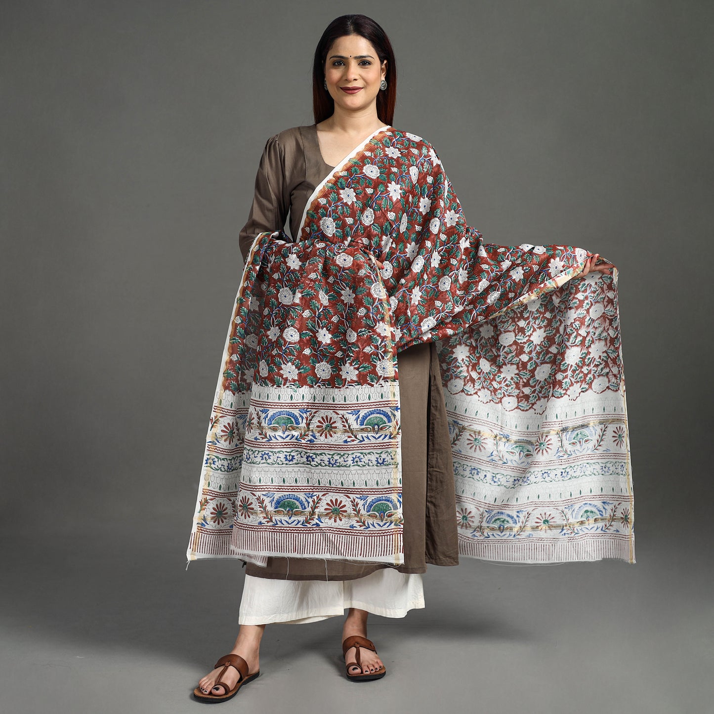 Brown - Sanganeri Block Printed Handloom Chanderi Silk Zari Border Dupatta 07