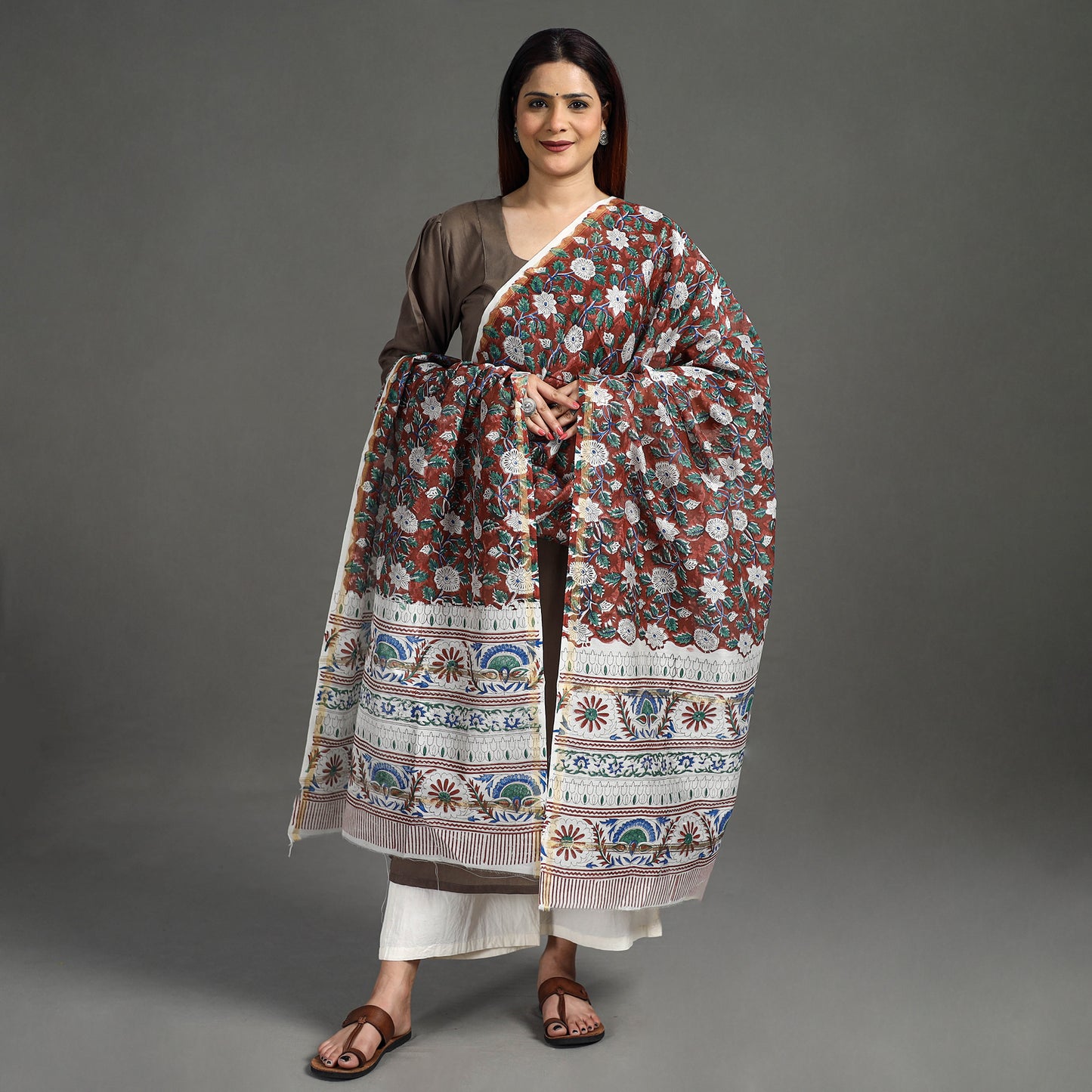 Brown - Sanganeri Block Printed Handloom Chanderi Silk Zari Border Dupatta 07