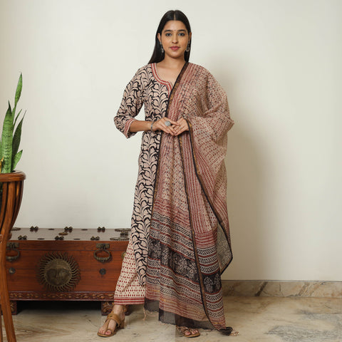 Beige - Bagru Block Printed Cotton Kurta with Palazzo & Kota Doria Dupatta Set 12