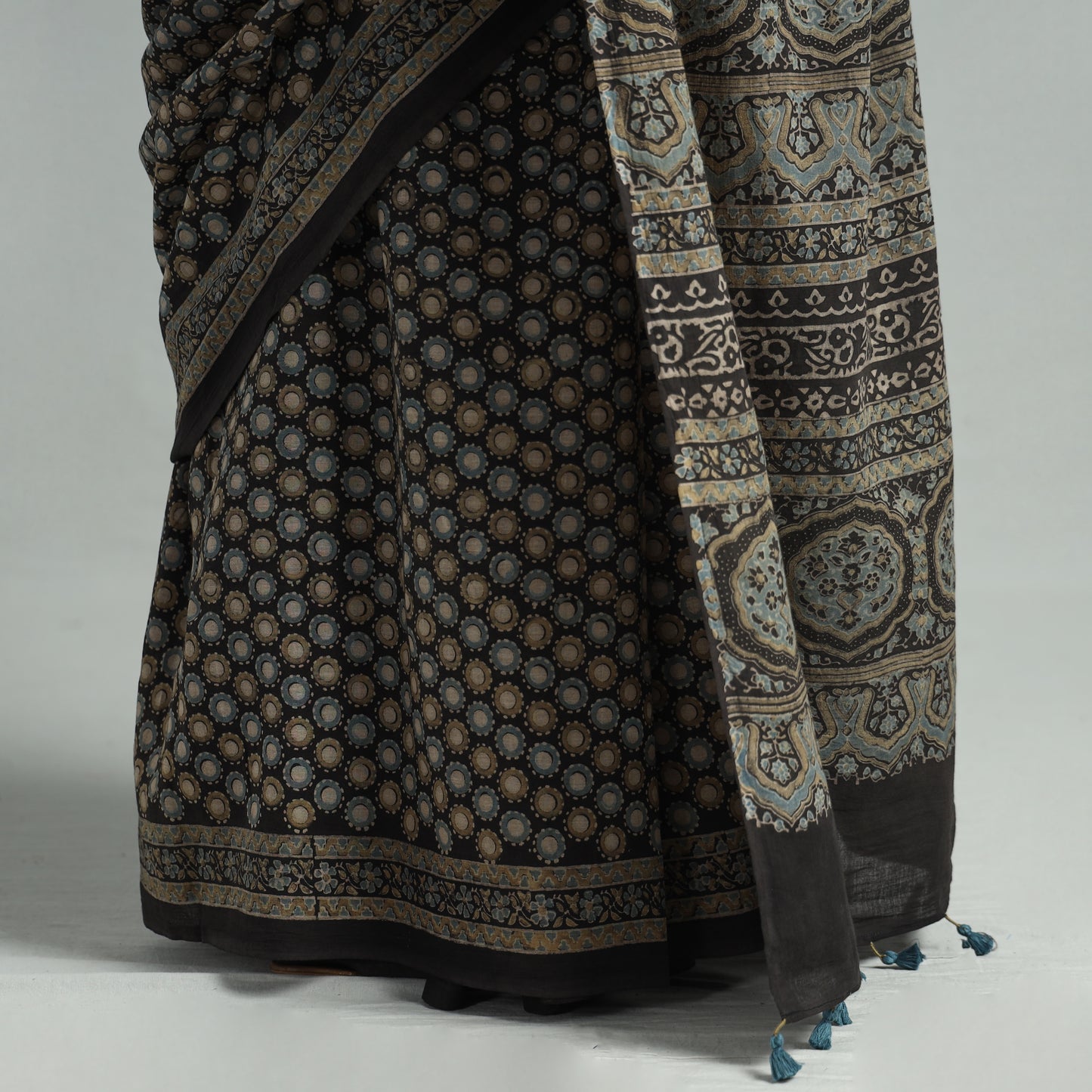 Brown - Ajrakh Block Printed Mul Cotton Natural Dyed Saree with Blouse Piece 03