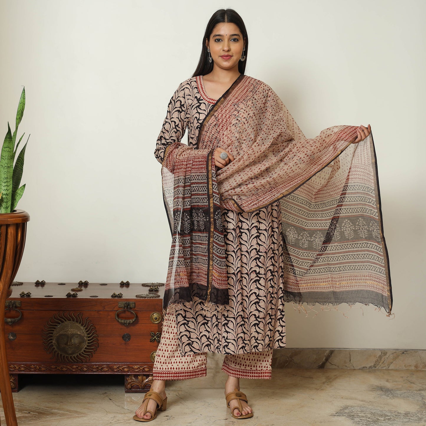 Beige - Bagru Block Printed Cotton Kurta with Palazzo & Kota Doria Dupatta Set 12