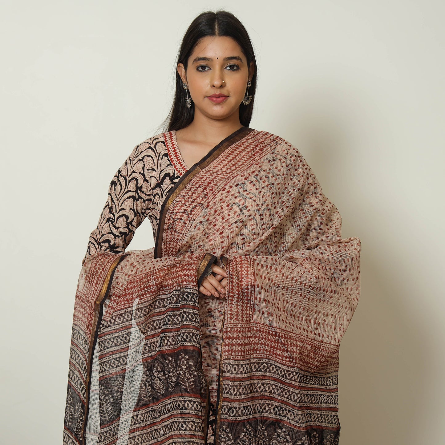 Beige - Bagru Block Printed Cotton Kurta with Palazzo & Kota Doria Dupatta Set 12