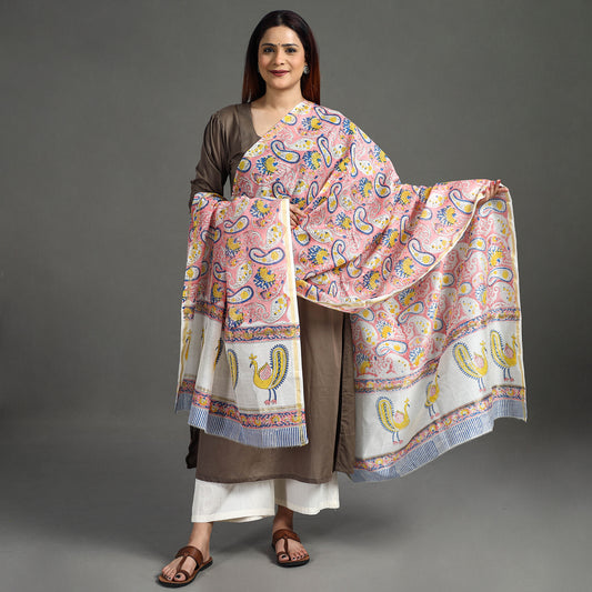 Pink - Sanganeri Block Printed Handloom Chanderi Silk Zari Border Dupatta 08