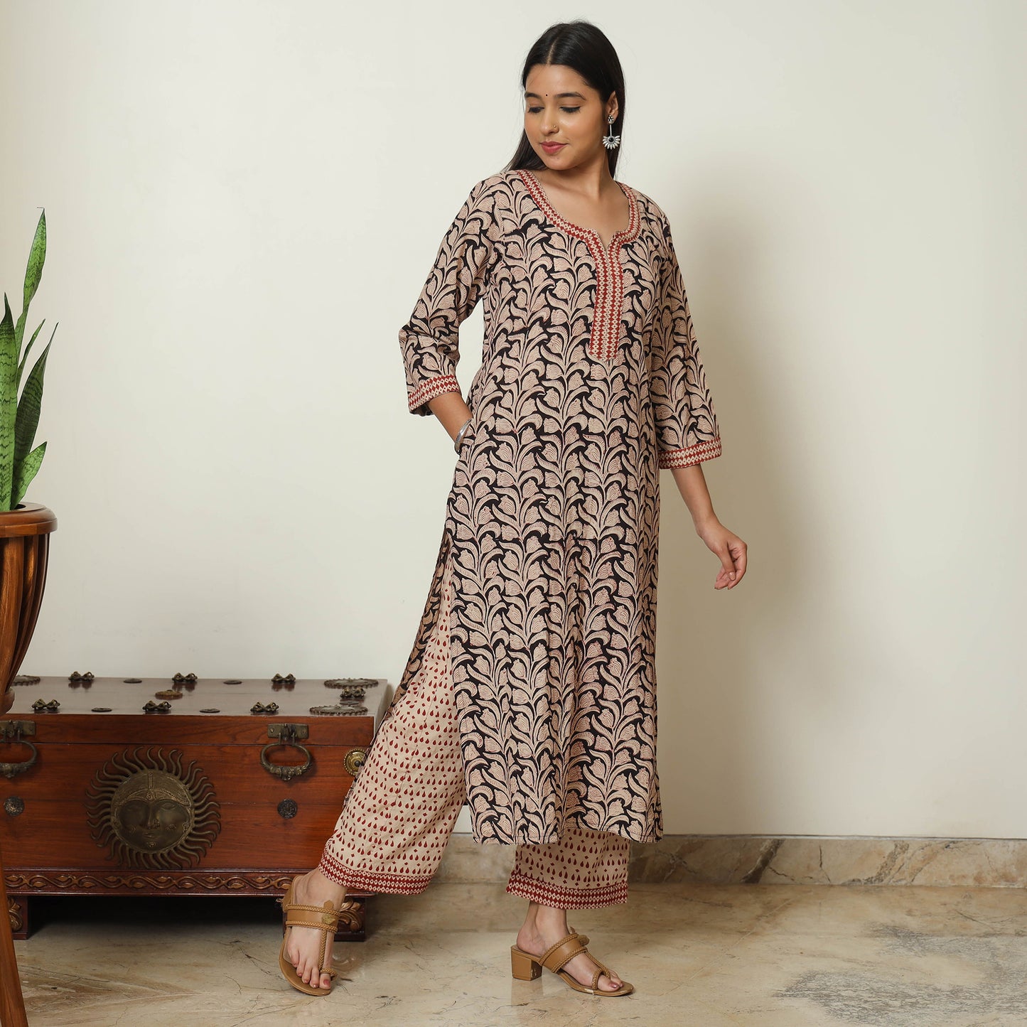 Beige - Bagru Block Printed Cotton Kurta with Palazzo & Kota Doria Dupatta Set 12