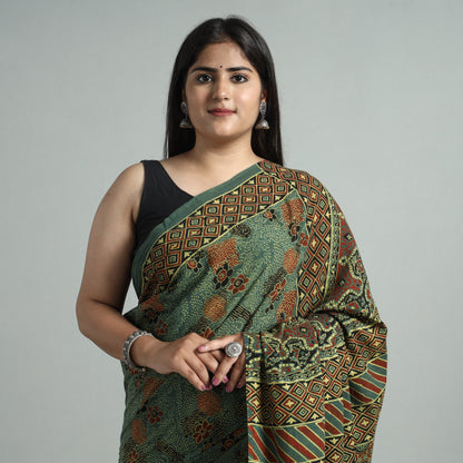 Green - Ajrakh Block Printed Mul Cotton Natural Dyed Saree with Blouse Piece 04