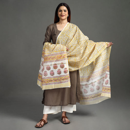 Yellow - Sanganeri Block Printed Handloom Chanderi Silk Zari Border Dupatta 10