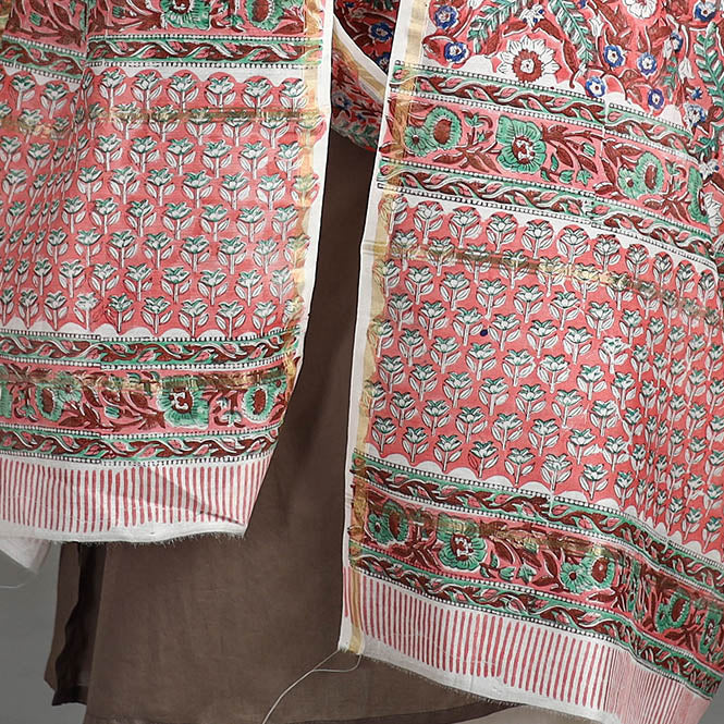 Pink - Sanganeri Block Printed Handloom Chanderi Silk Zari Border Dupatta 11