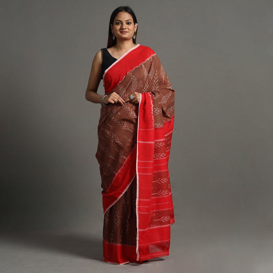 Brown - Pochampally Ikat Weave Handloom Cotton Saree