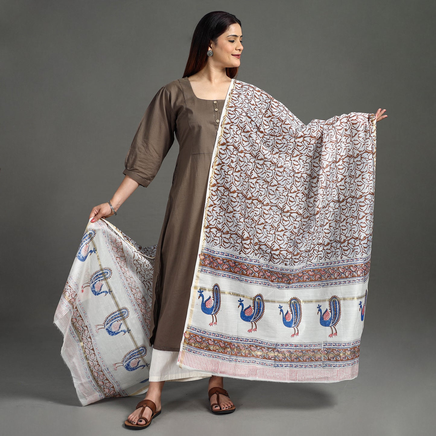 Brown - Sanganeri Block Printed Handloom Chanderi Silk Zari Border Dupatta 12