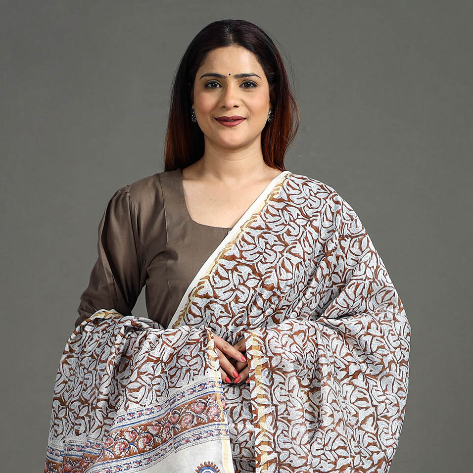 Brown - Sanganeri Block Printed Handloom Chanderi Silk Zari Border Dupatta 12