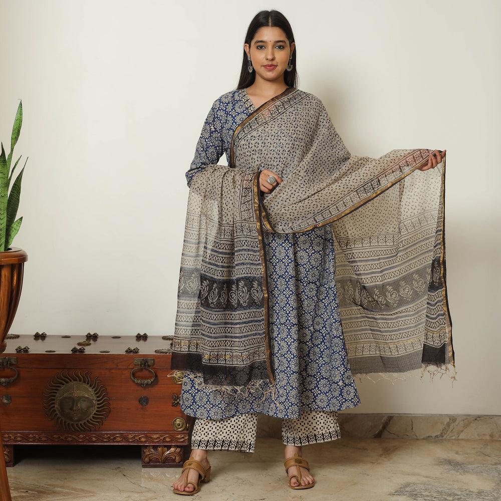 Blue - Bagru Block Printed Cotton Kurta with Palazzo & Kota Doria Dupatta Set 03