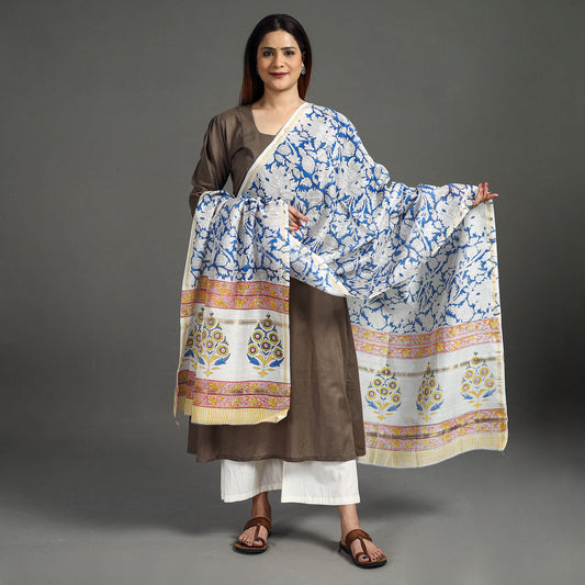 Blue - Sanganeri Block Printed Handloom Chanderi Silk Zari Border Dupatta 13