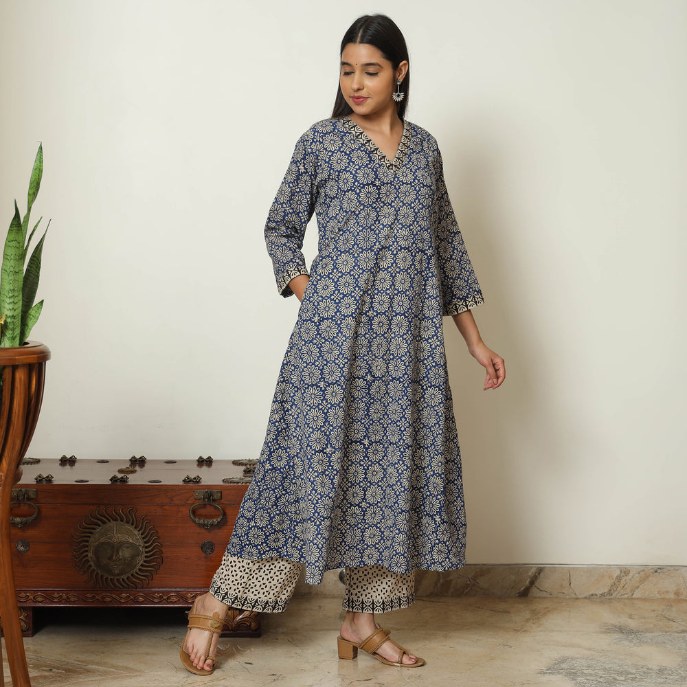 Blue - Bagru Block Printed Cotton Kurta with Palazzo & Kota Doria Dupatta Set 03