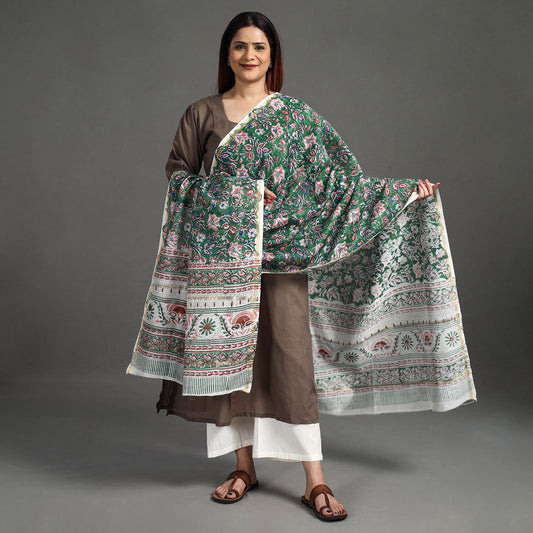Green - Sanganeri Block Printed Handloom Chanderi Silk Zari Border Dupatta 14