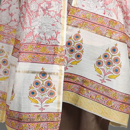 Pink - Sanganeri Block Printed Handloom Chanderi Silk Zari Border Dupatta 16