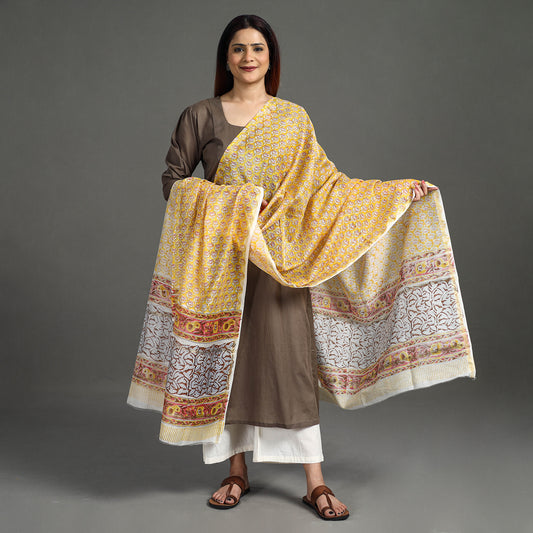 Yellow - Sanganeri Block Printed Handloom Chanderi Silk Zari Border Dupatta 17