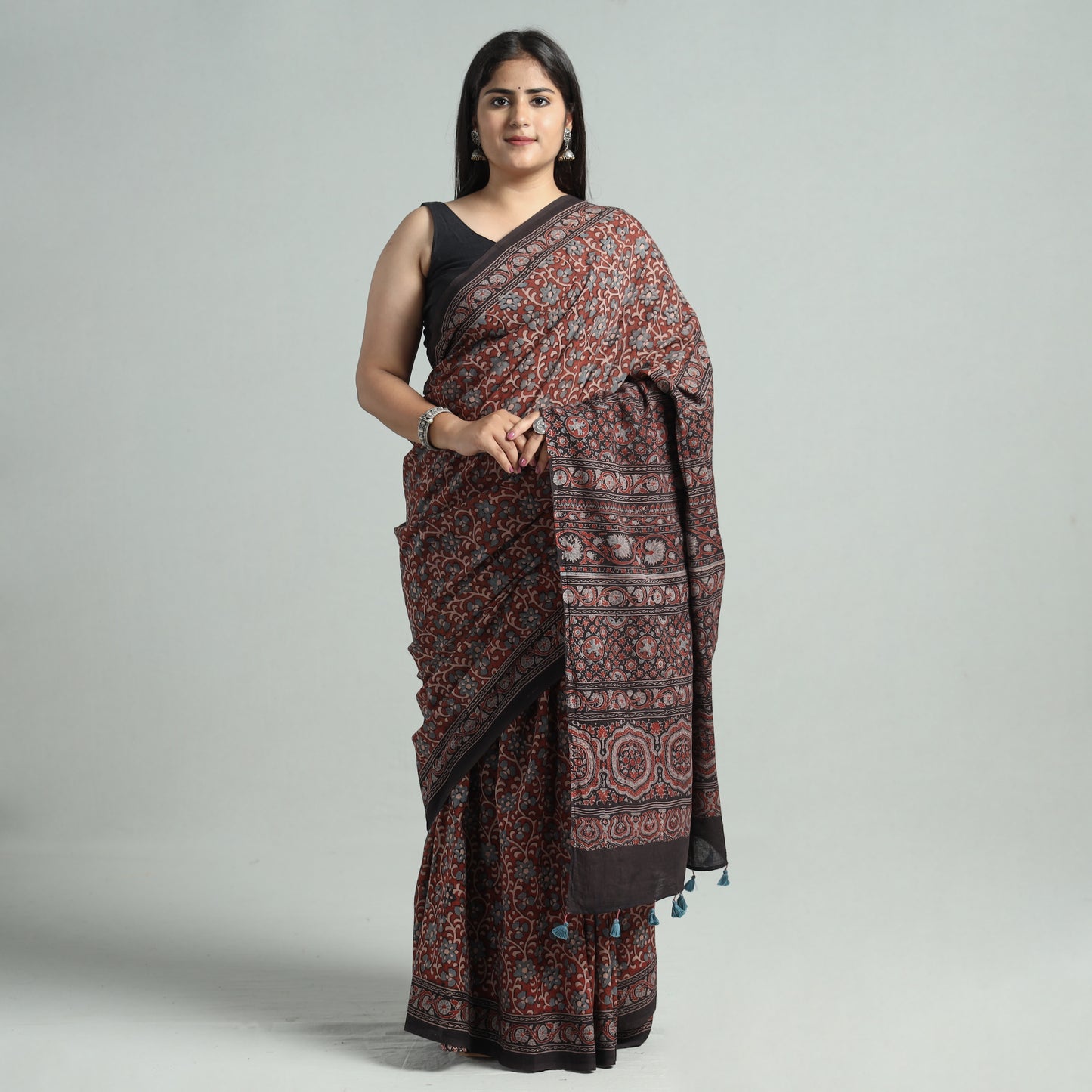 Maroon - Ajrakh Block Printed Mul Cotton Natural Dyed Saree with Blouse Piece 07