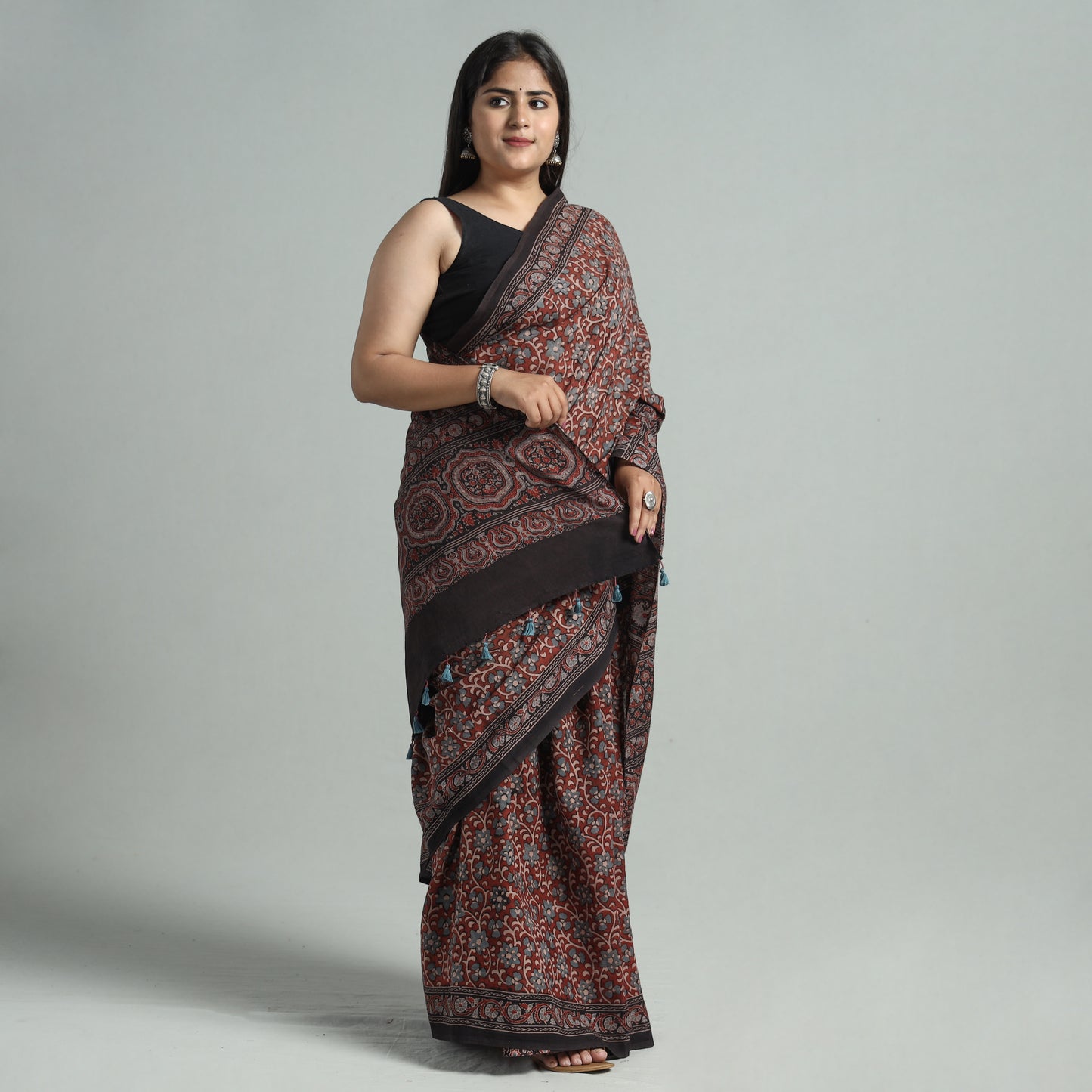 Maroon - Ajrakh Block Printed Mul Cotton Natural Dyed Saree with Blouse Piece 07