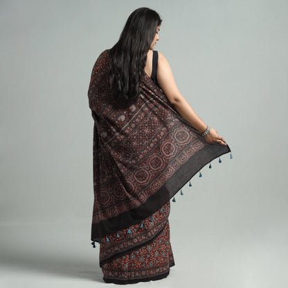 Maroon - Ajrakh Block Printed Mul Cotton Natural Dyed Saree with Blouse Piece 07