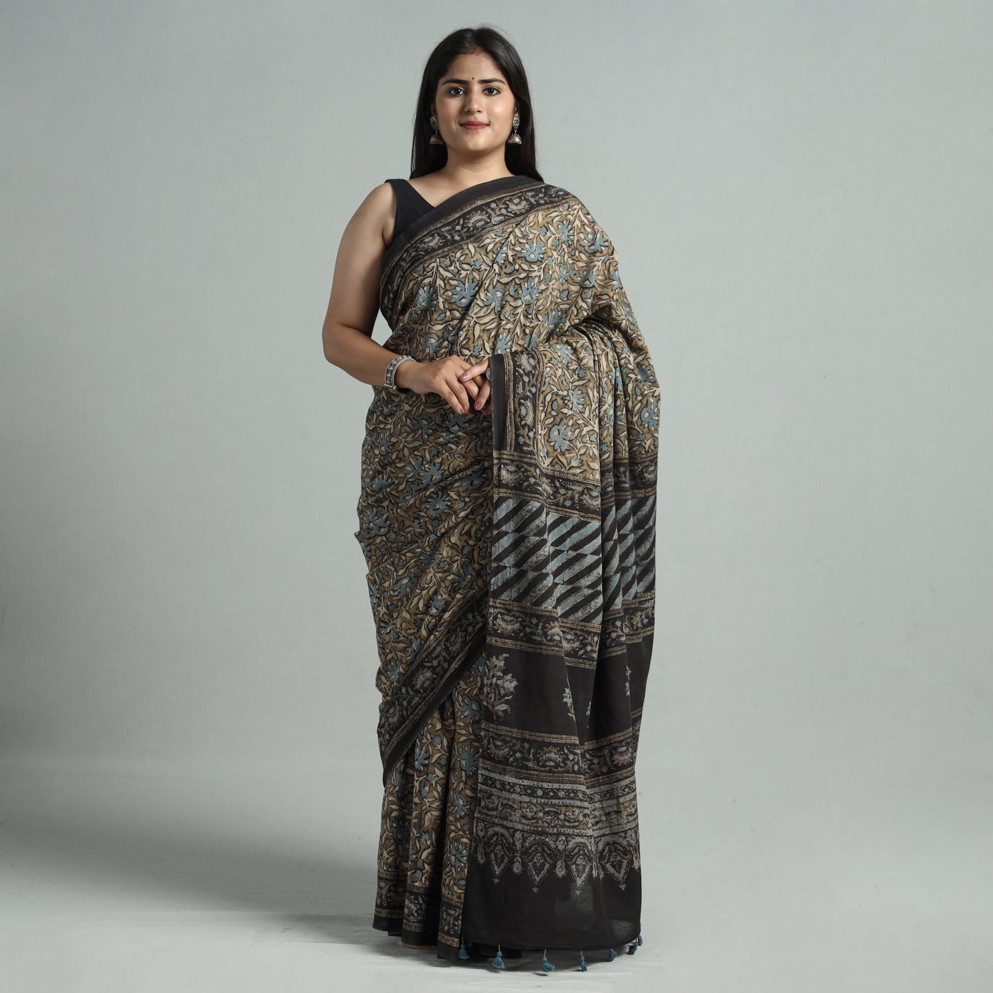 Brown - Ajrakh Block Printed Mul Cotton Natural Dyed Saree with Blouse Piece 08