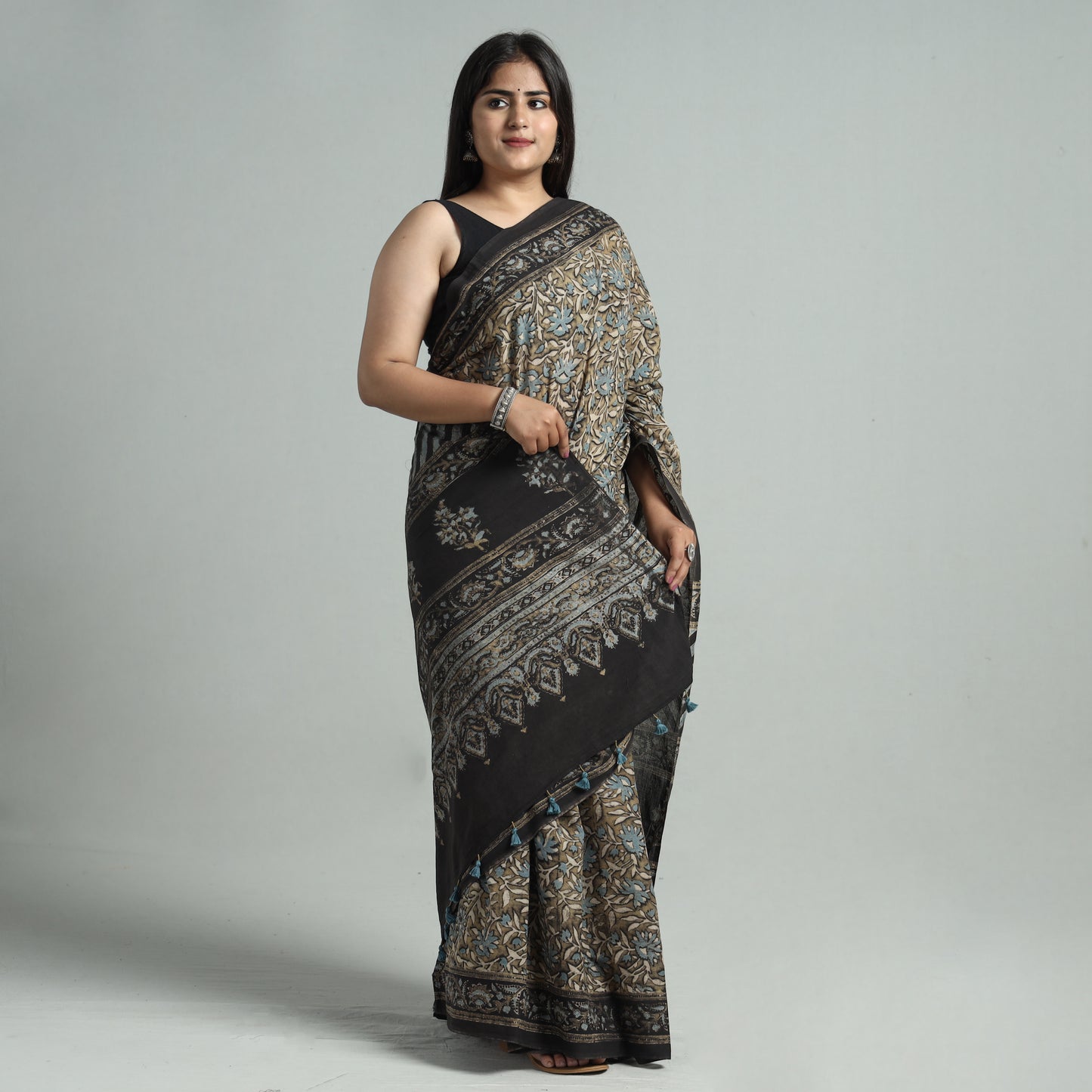 Brown - Ajrakh Block Printed Mul Cotton Natural Dyed Saree with Blouse Piece 08