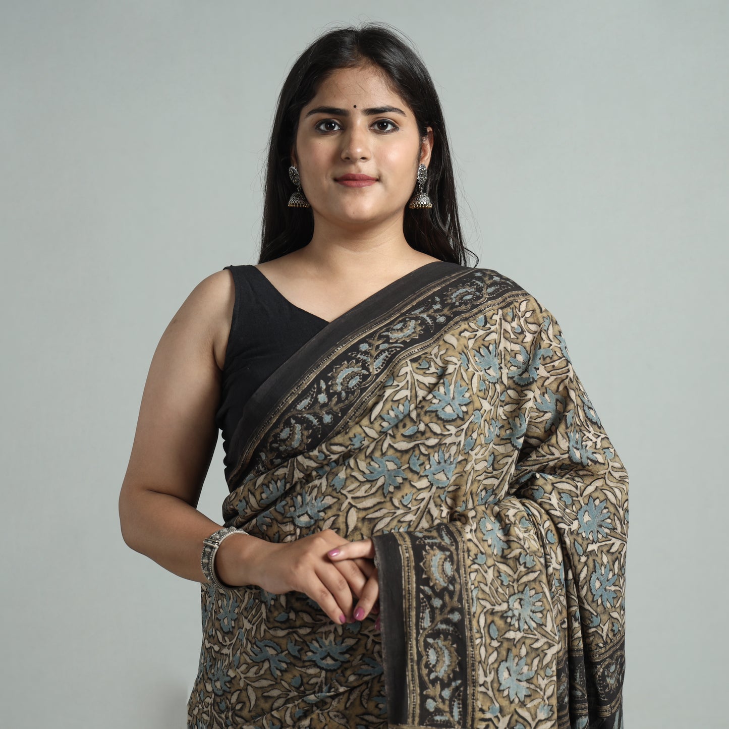 Brown - Ajrakh Block Printed Mul Cotton Natural Dyed Saree with Blouse Piece 08