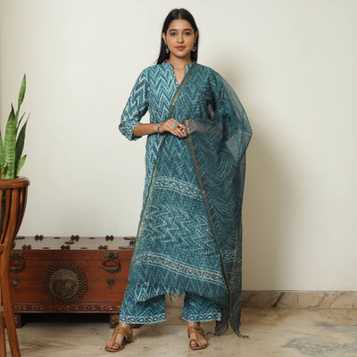 Blue - Bagru Block Printed Cotton Kurta with Palazzo & Kota Doria Dupatta Set 09