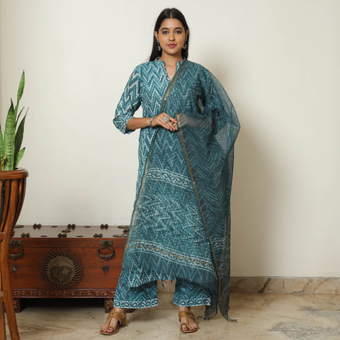 Blue - Bagru Block Printed Cotton Kurta with Palazzo & Kota Doria Dupatta Set 09