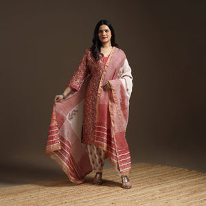 Chanderi Silk Hand Embroidery Block Print Sanganeri Suit Set with Dupatta for women 11