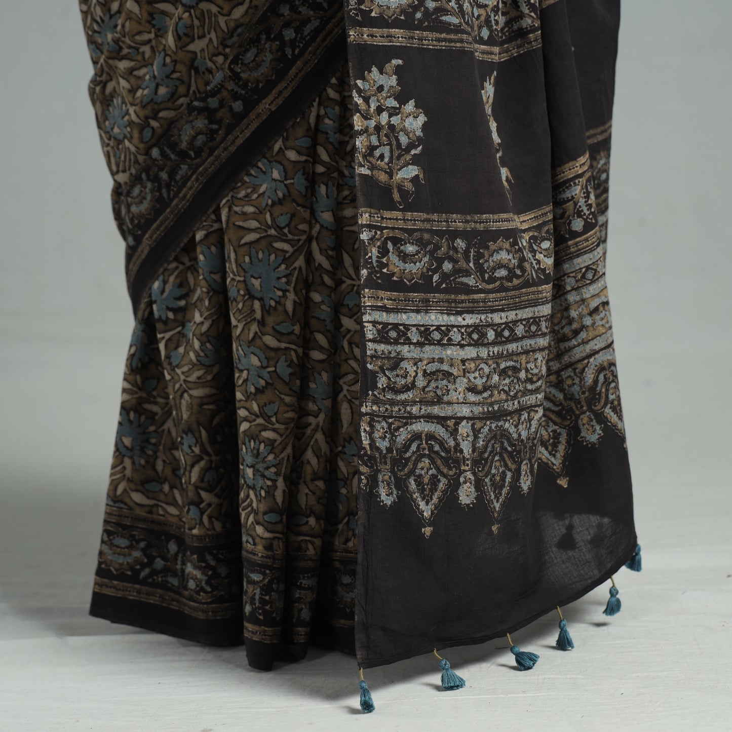 Brown - Ajrakh Block Printed Mul Cotton Natural Dyed Saree with Blouse Piece 08